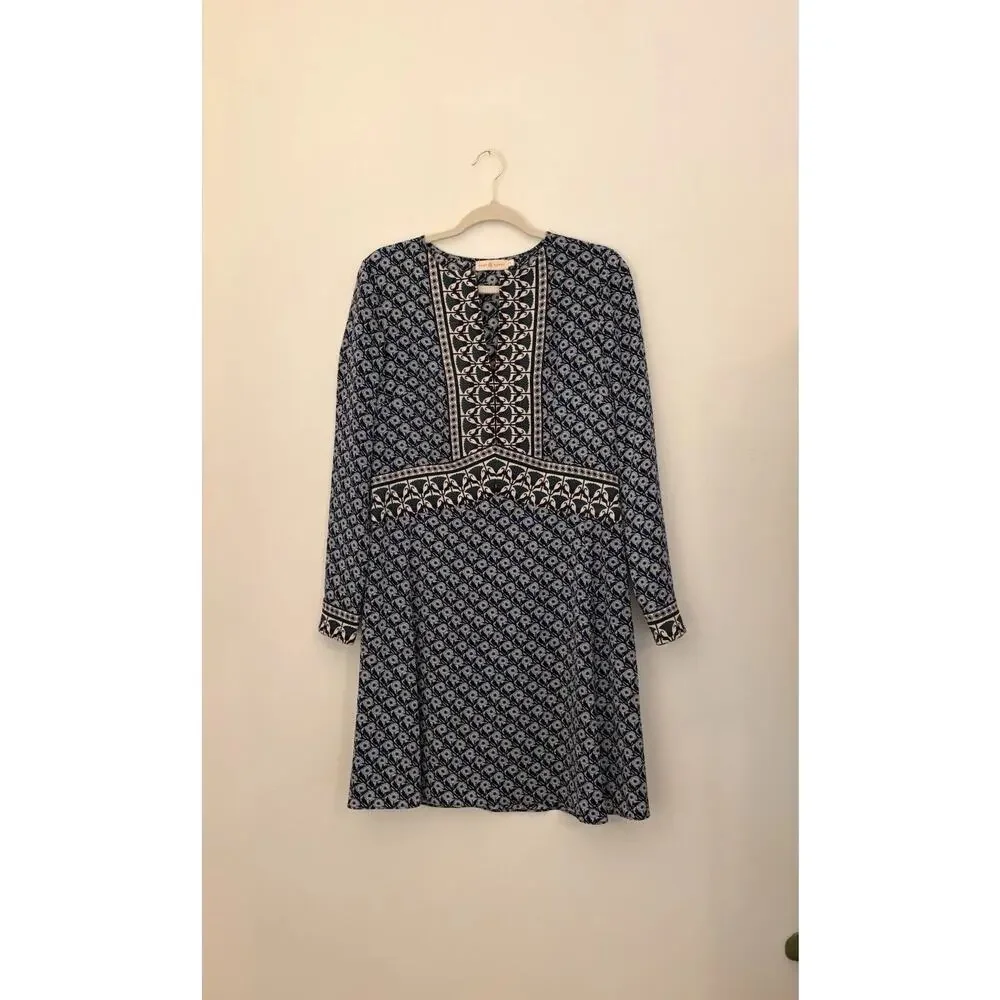 Tory Burch Long Sleeve Dress Goemetric/Floral Pattern Blue Green V-neck Size 6
